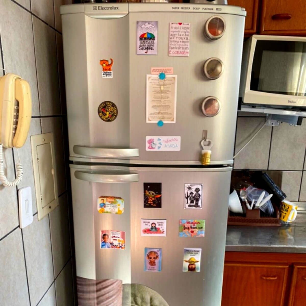 Geladeira familiar Electrolux com adesivos e imãs após manutenção corretiva no motor.